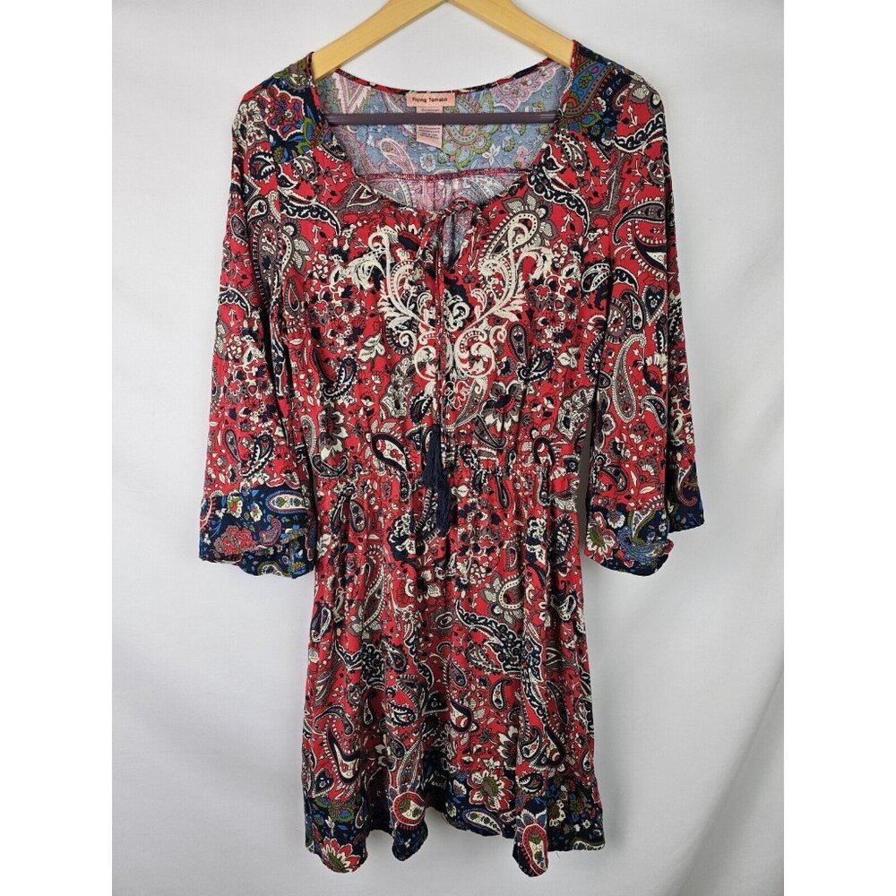 Flying Tomato Women's Dress Size Medium Red Floral Long Bell Sleeve Mini Dress